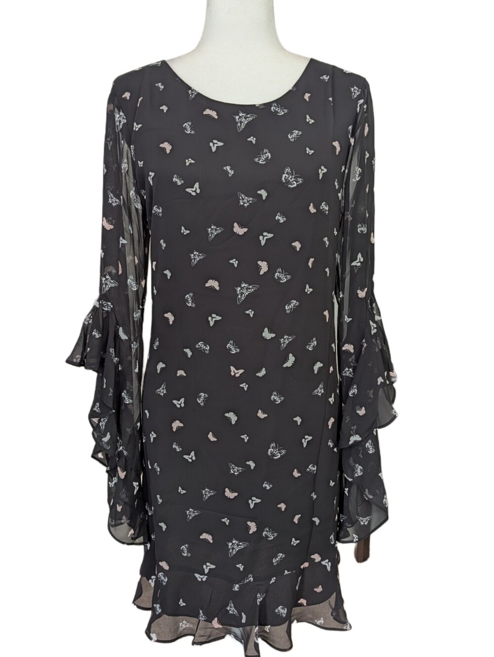 Max Studio Womens Black Butterfly Ruffle Sleeve Flowy Mini Dress NWT Size Medium